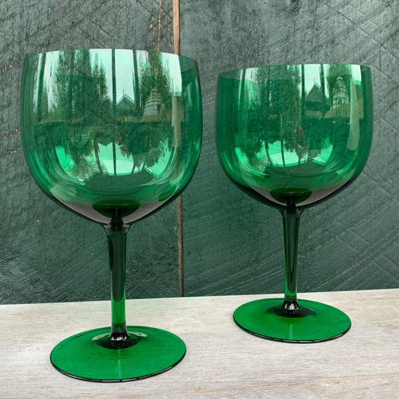 Vintage | Set of Two Oversized Green Crystal Goblets